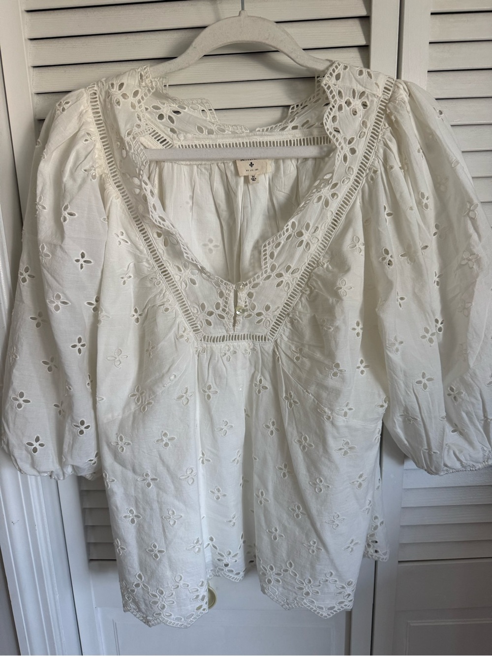 White Eyelet Peasant Blouse with Scalloped V-Neck